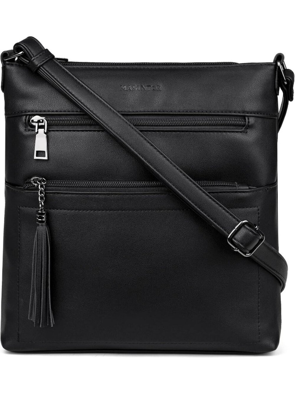 Women's Black Multi Pocket Crossbody Bag Trendy Tassel With Adjustable Strap